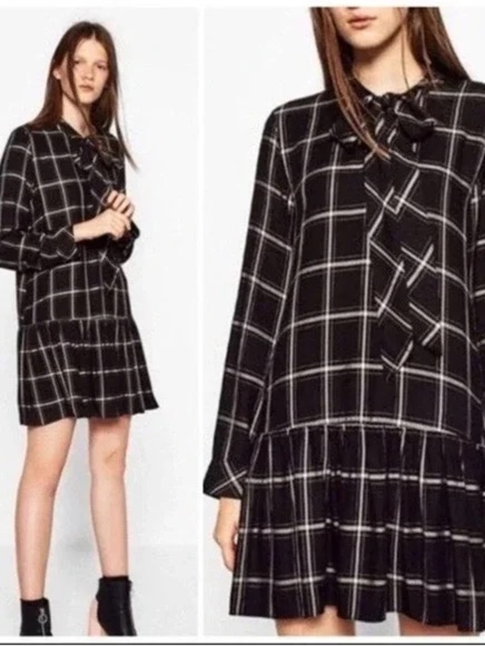Zara Black and White Plaid Windowpane Tie-Neck Mini Drop Waist Dress Preppy
